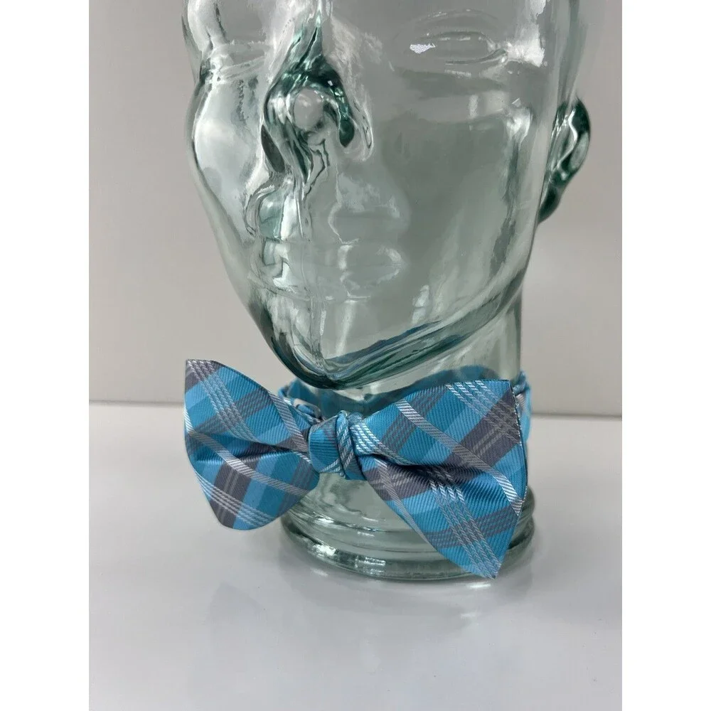 NEW PreTied Grey & Blue Plaid Bow Tie Neck Tie Adjustable Size Ballroom Formal